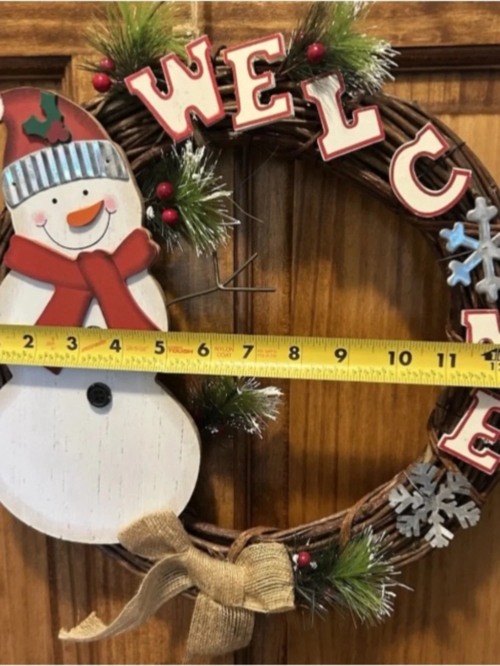 Christmas Welcome Wreath Door Decor Wall Hanging Wood Snowman Rustic Handcrafted